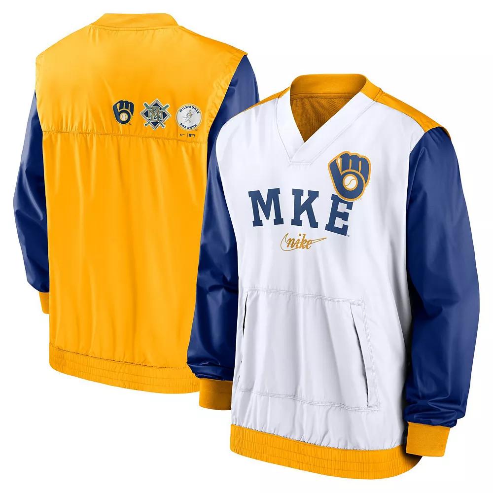 Men's Nike White/Gold Milwaukee Brewers Rewind Warmup V-Neck Pullover Jacket, Size: 2XL Product Image