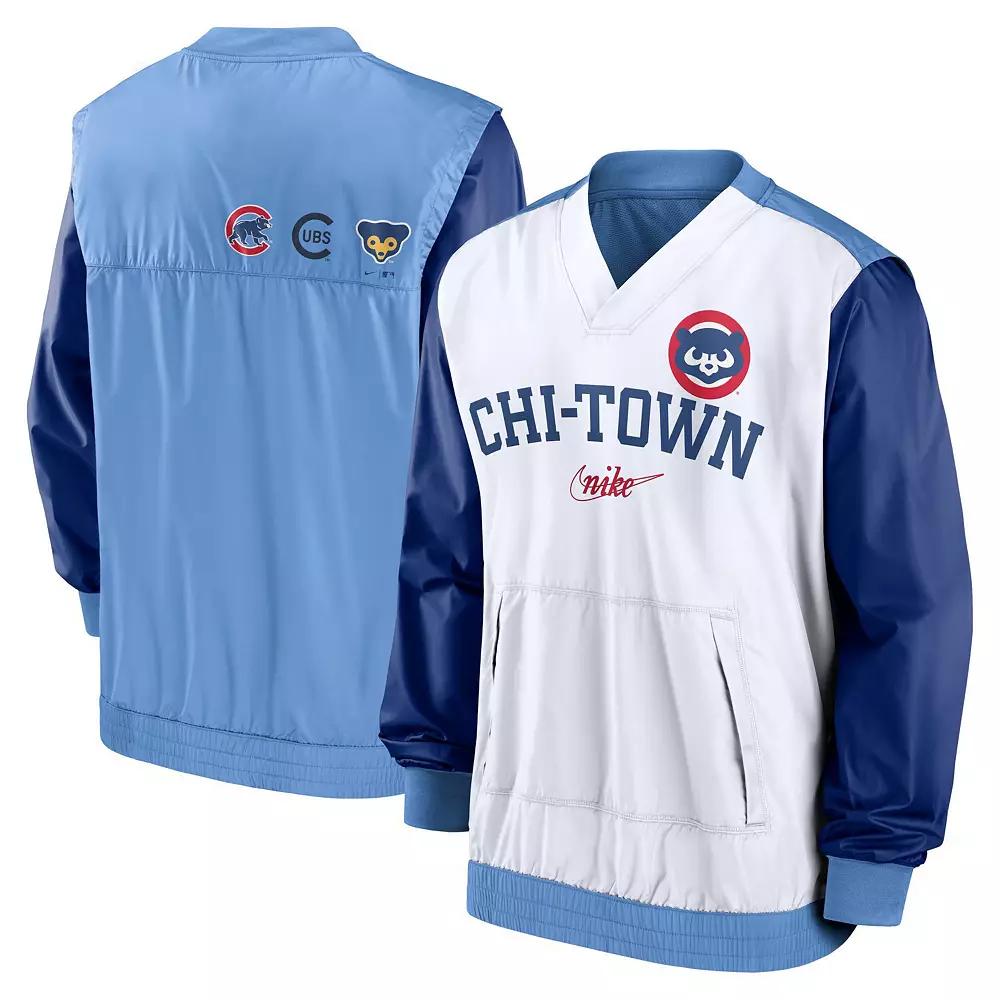 Men's Nike White/Light Blue Chicago Cubs Rewind Warmup V-Neck Pullover Jacket, Size: XL Product Image