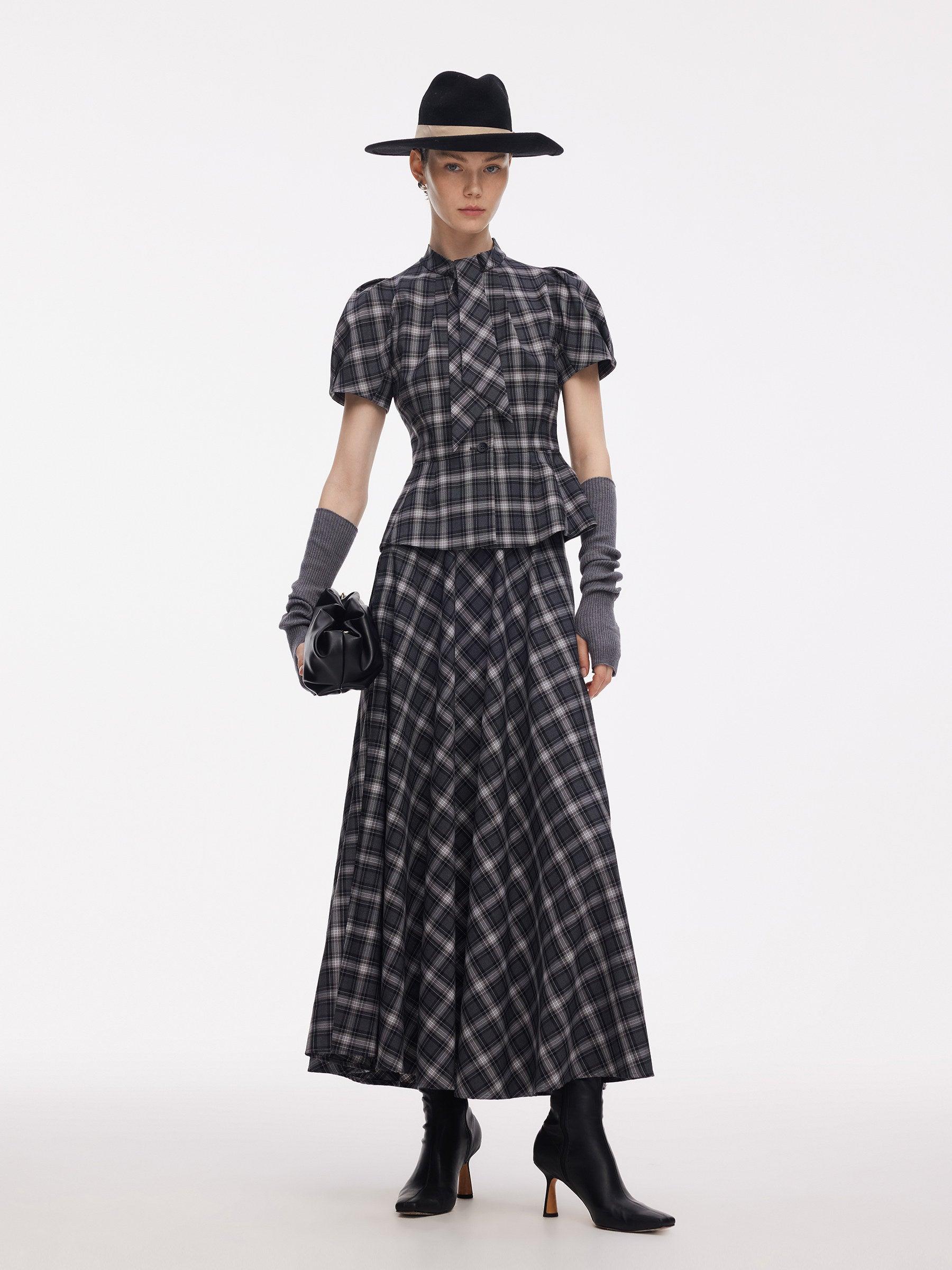 Plaid Ribbon Tie Women Flare Hem Top Product Image