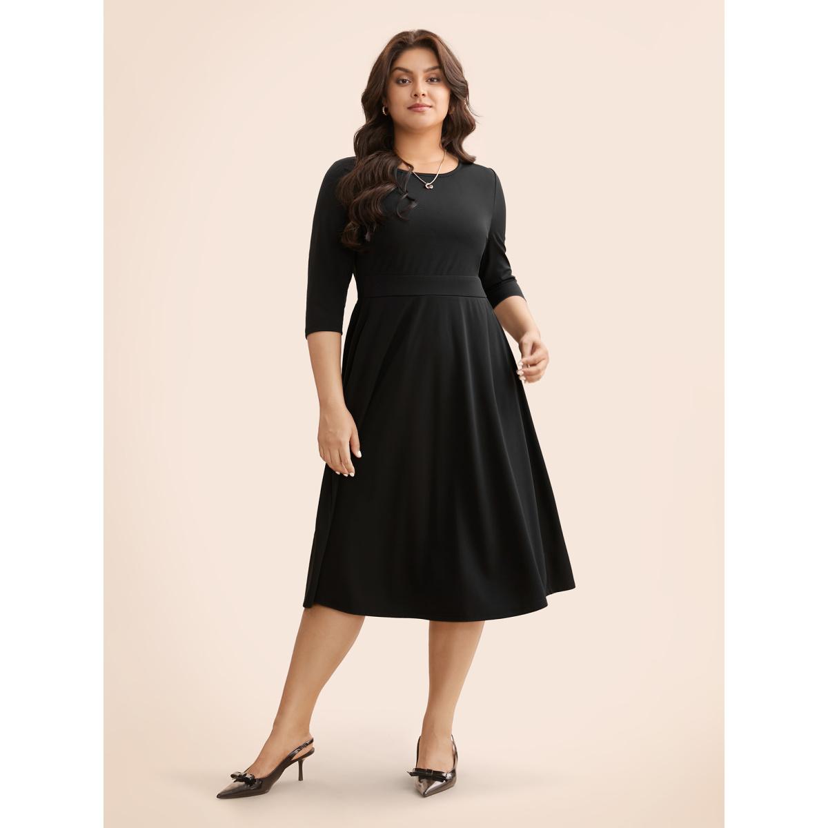 Plus Size Solid Round Neck Shirred Midi Dress Black Women At the Office Shirred Round Neck Elbow-length sleeve Curvy BloomChic 14-16/1X Product Image