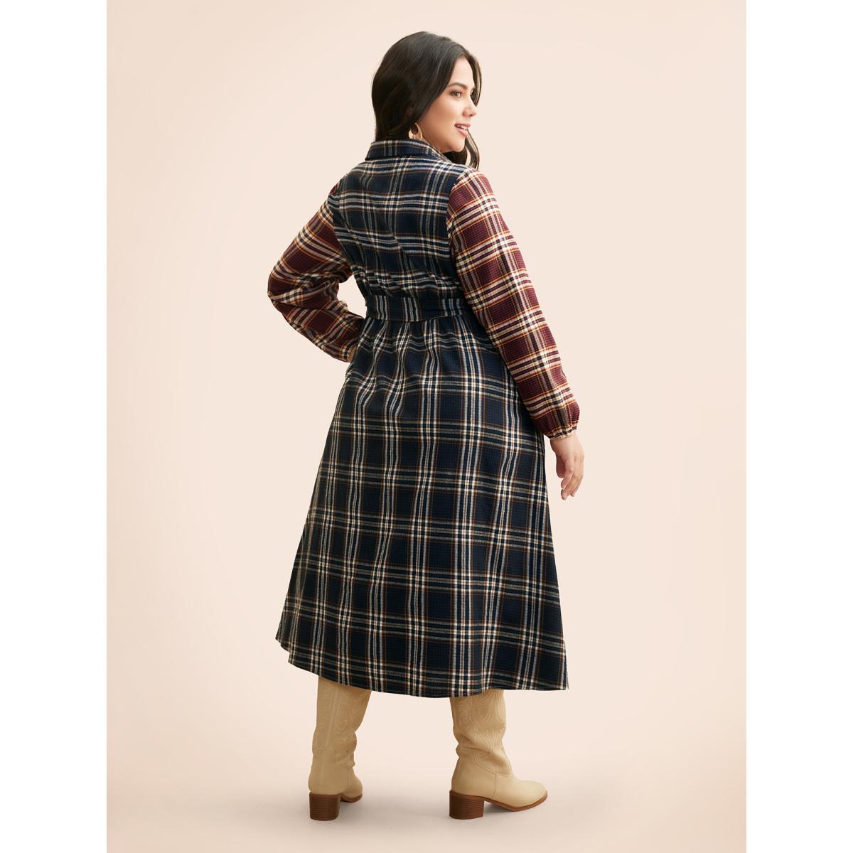 Plus Size Shirt Collar Plaid Contrast Belted Dress Multicolor Women Casual Belted Shirt collar Long Sleeve Curvy BloomChic 18-20/2X Product Image