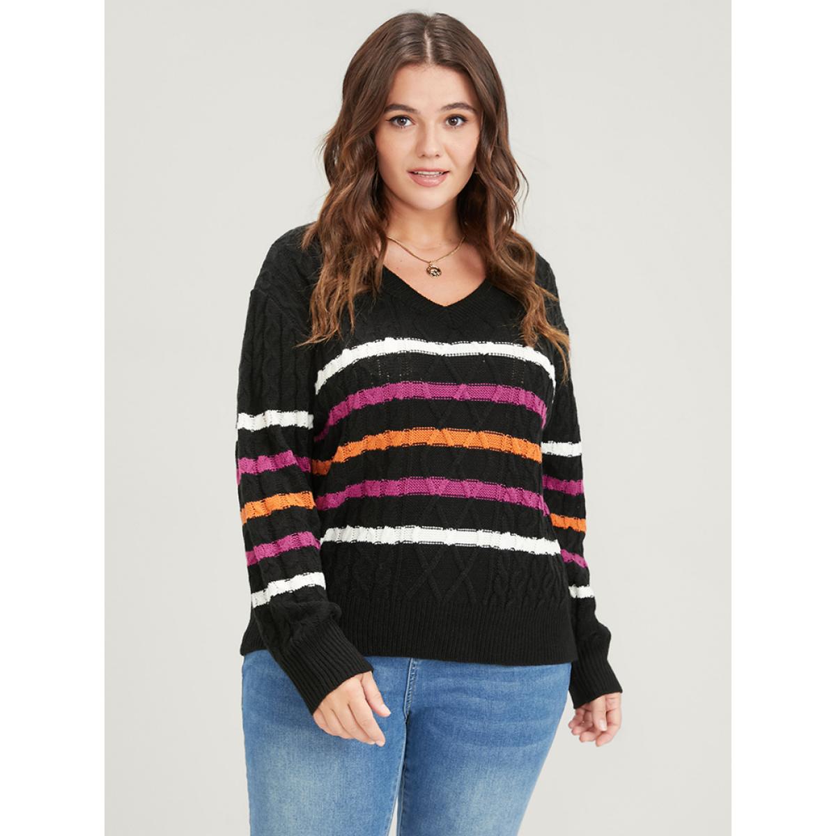 Plus Size Striped Contrast Pointelle Knit Geometric Jacquard Knit Top Black Women Casual Long Sleeve V-neck Dailywear Pullovers BloomChic 30/6X Product Image