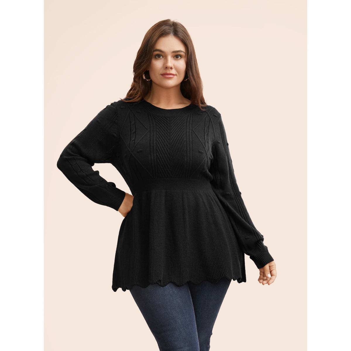 Plus Size Plain Textured Scalloped Trim Pullover Black Women Casual Bodycon Long Sleeve Round Neck Everyday Pullovers BloomChic 12/L Product Image