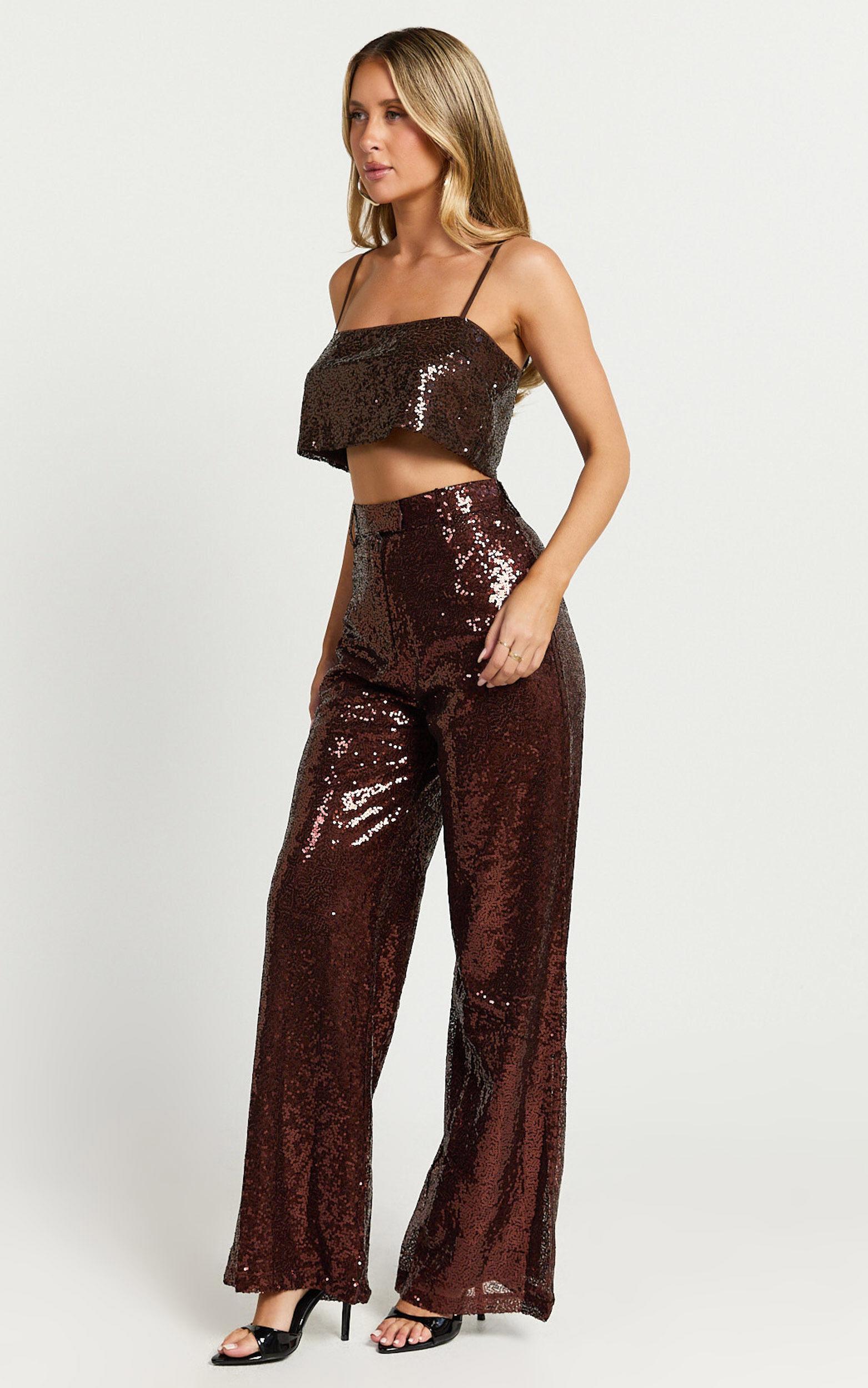 Elswyth Top - Strappy Sequin Crop Cami Top in Chocolate Product Image