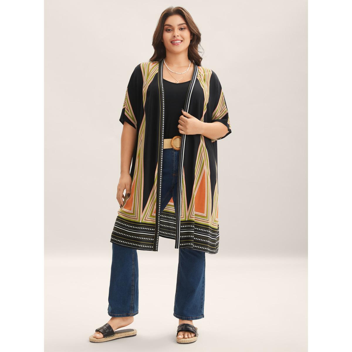 Plus Size Rayon Boho Print Front-Open Kimono Women Black Contrast Loose Vacation Kimonos BloomChic 10/M Product Image