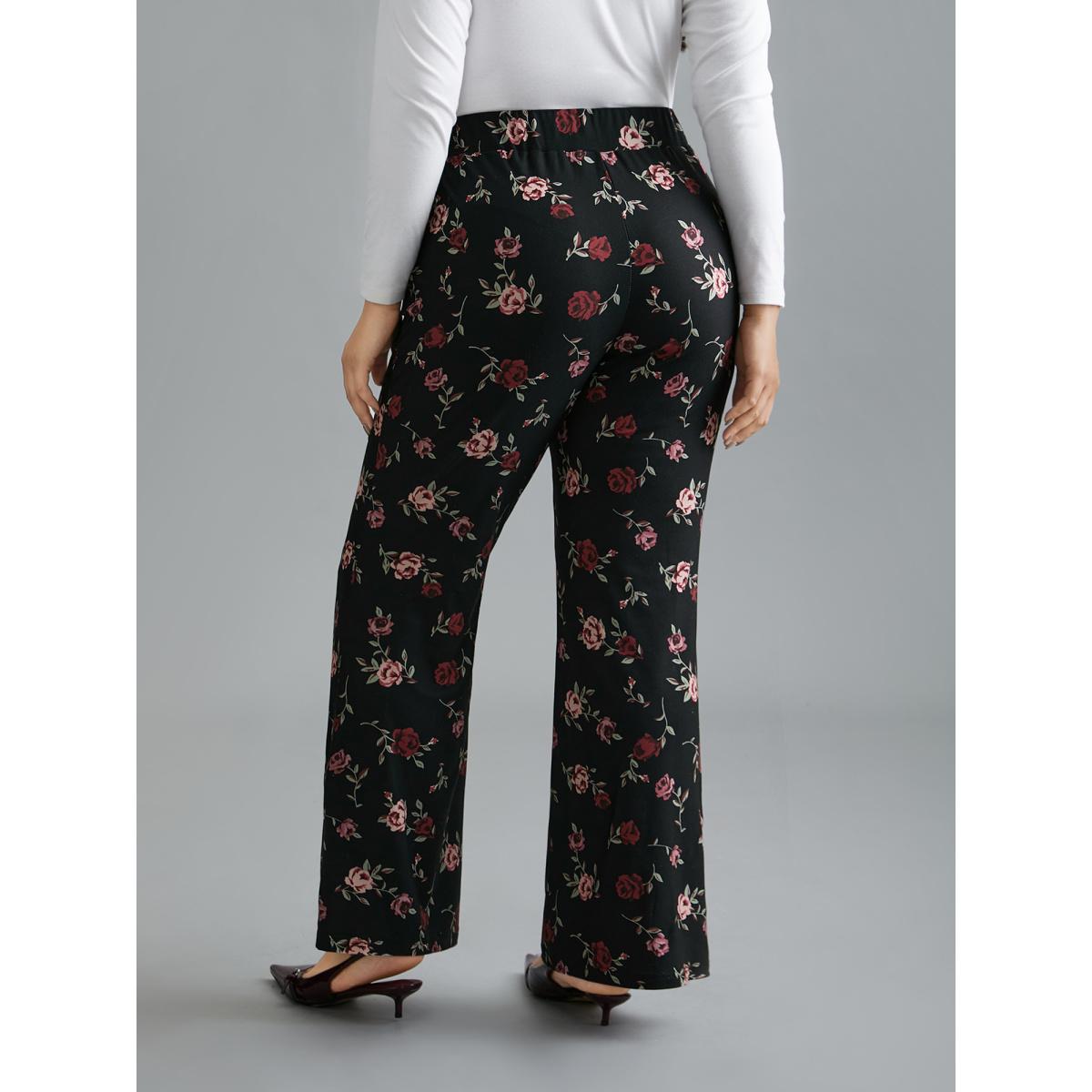 Plus Size Floral Mid-Rise Bootcut Pants Women BlackFlower Elegant High stretch Bootcut Mid Rise Everyday Leggings BloomChic 10/M Product Image