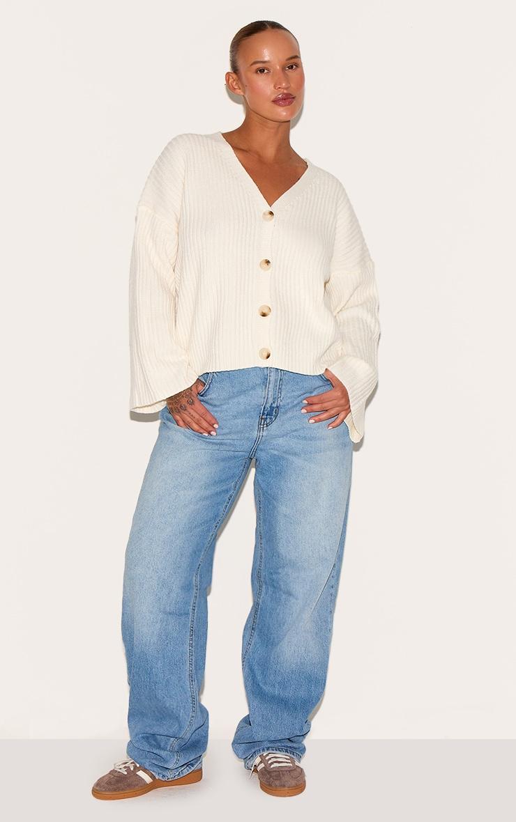 Plus Cream Knit Rib Button Cardigan Product Image