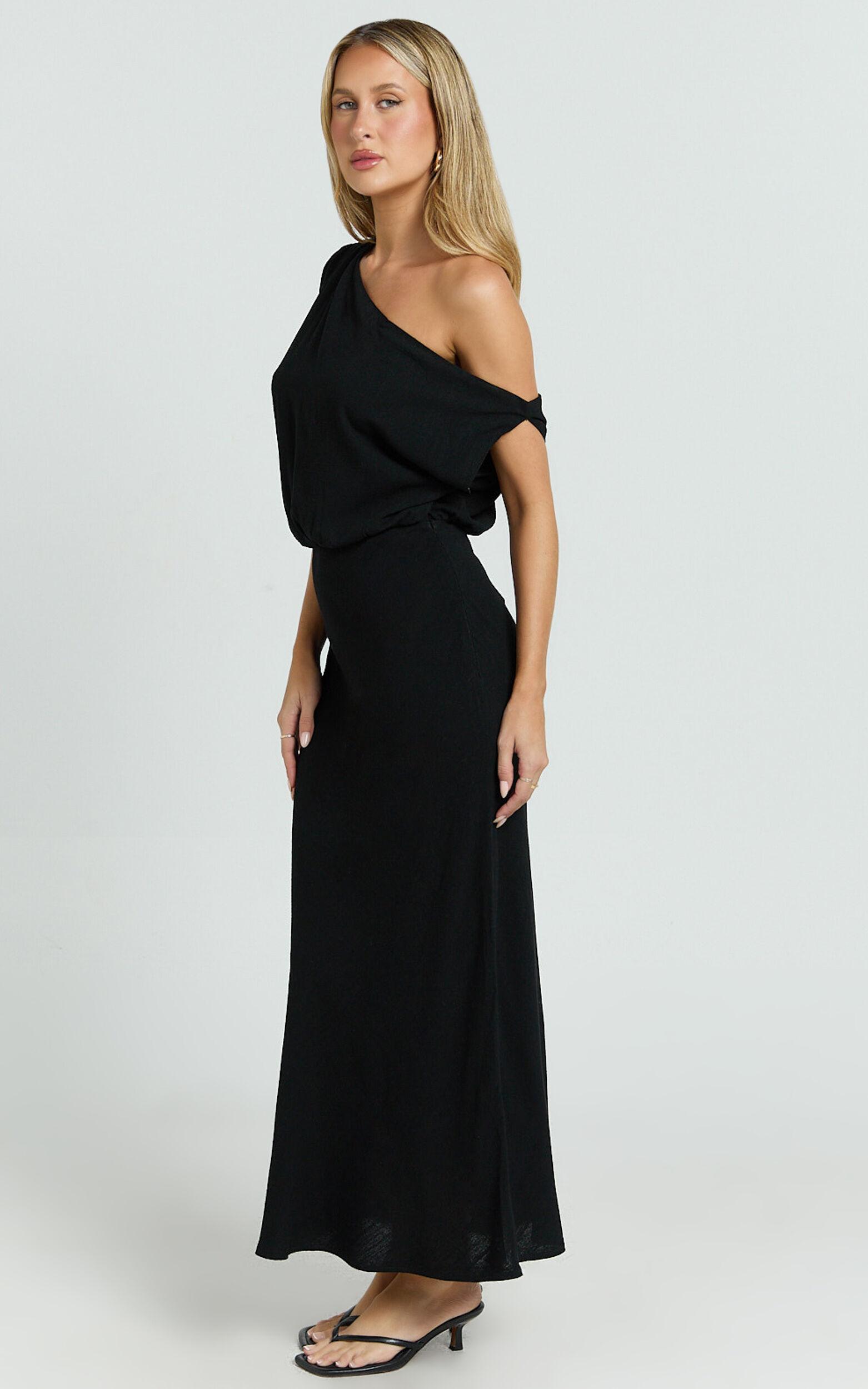 Jacqueline Midi Dress - Linen One Shoulder Dress in Black Product Image