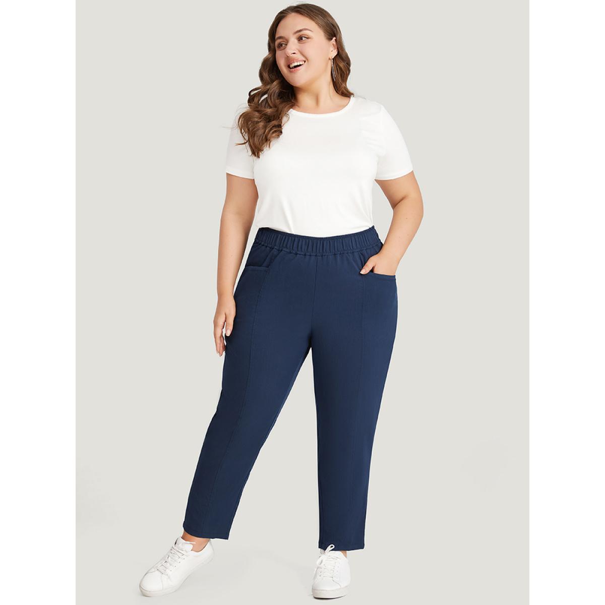 Plus Size Solid Elastic Waist Pocket High Rise Pants Women Indigo Casual High Rise Dailywear Pants BloomChic 18-20/2X Product Image