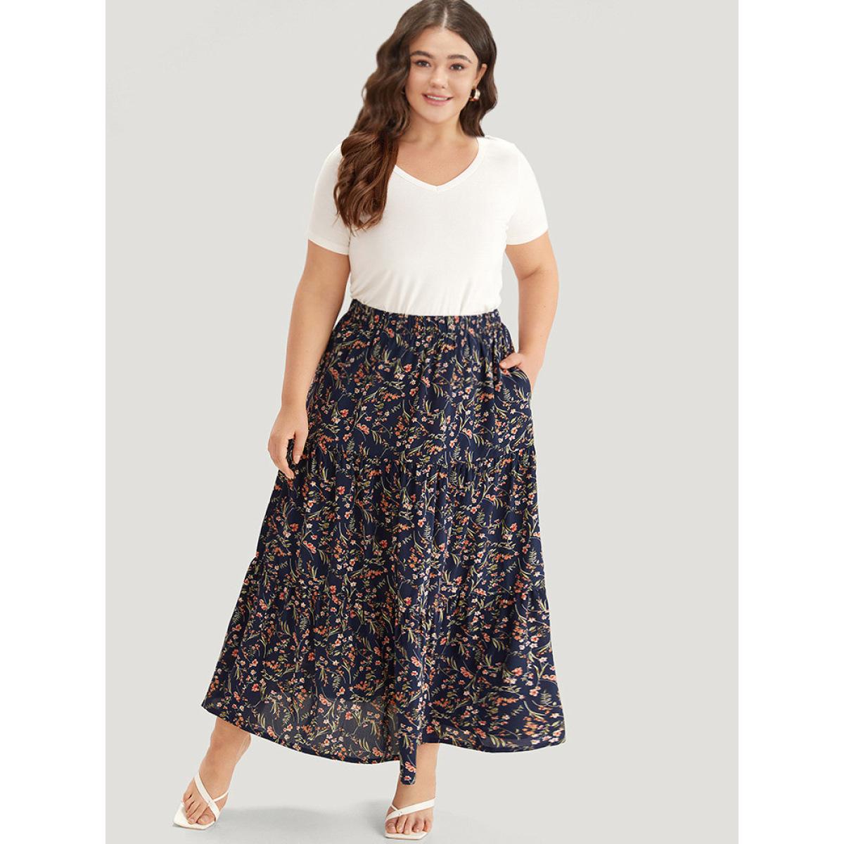 Plus Size Floral Print Ruffle Layered Hem Pocket Elastic Waist Skirt Women Indigo Elegant Elastic Waist No stretch Pocket Dailywear Skirts BloomChic 22-24/3X Product Image