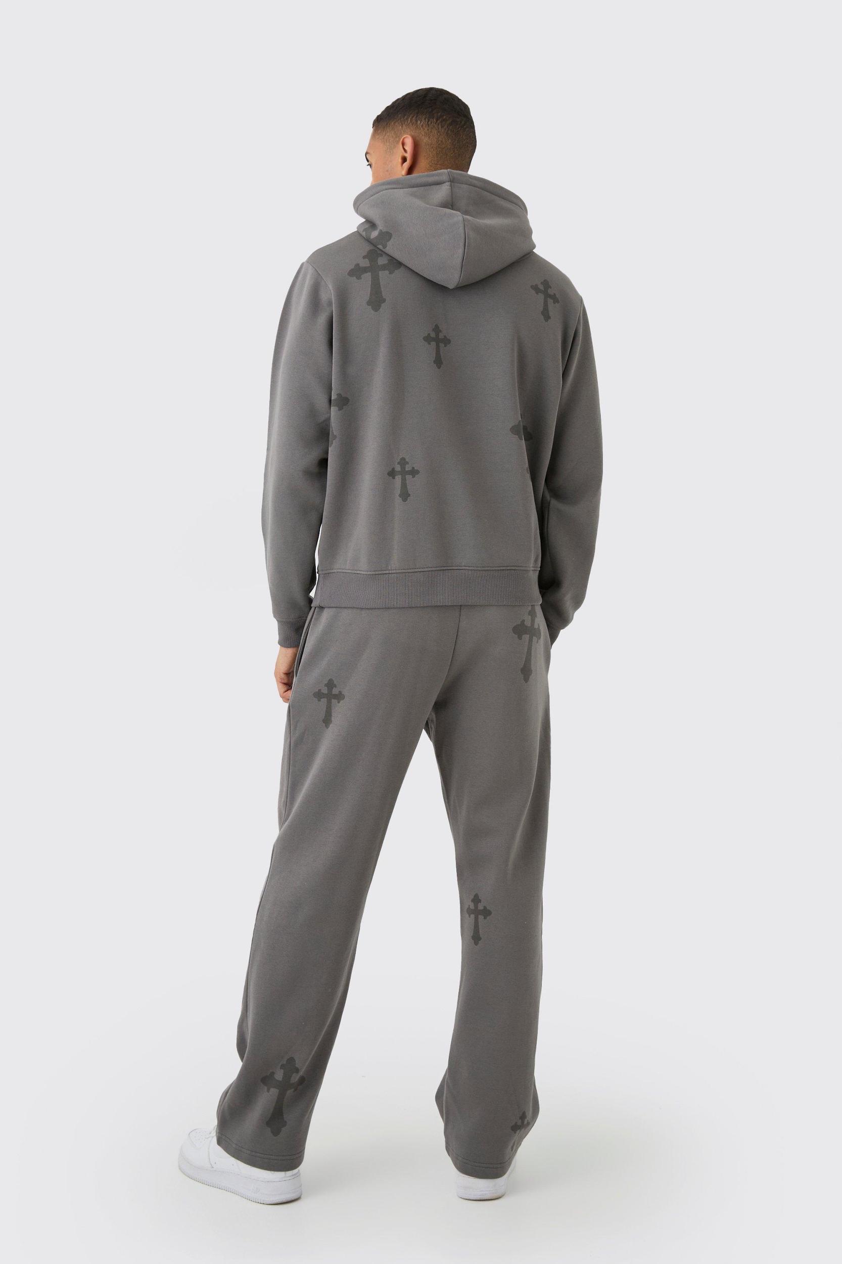 Regular Fit Cross Printed Hooded Tracksuit | boohooMAN USA Product Image