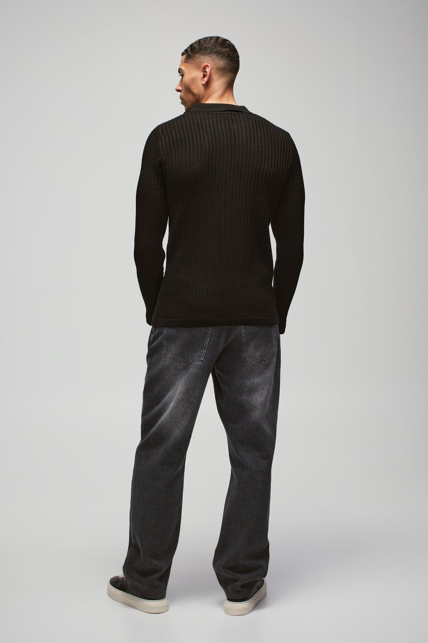 Regular Fit Ribbed V Neck Collar Knitted Polo | boohooMAN USA Product Image