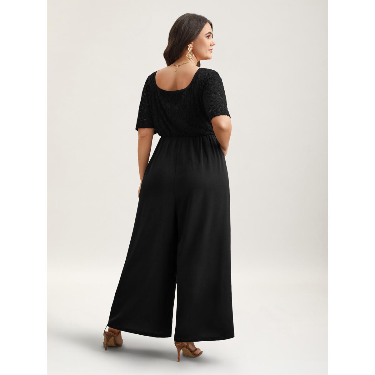Plus Size Black Textured Lace Spliced Square Neck Jumpsuit Women Elegant Short sleeve Square Neck Everyday-Elegant Loose Jumpsuits BloomChic 22-24/3X Product Image