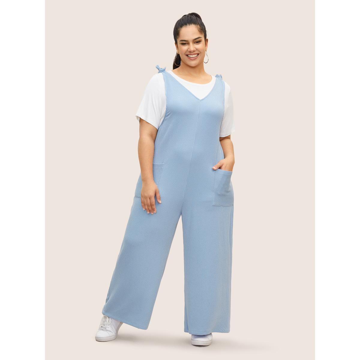 Plus Size Stone Texture Tie Knot Patch Pocket Jumpsuit Women Casual Sleeveless V-neck Everyday Loose Jumpsuits BloomChic 14-16/1X Product Image