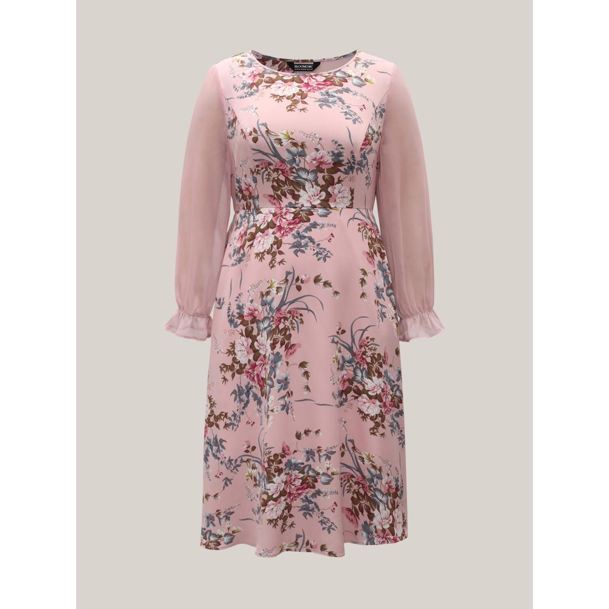 Plus Size Floral Print Spliced Waist Cinched Midi Dress MistyRose Women Romantic See through Round Neck Long Sleeve Curvy BloomChic 30/6X Product Image