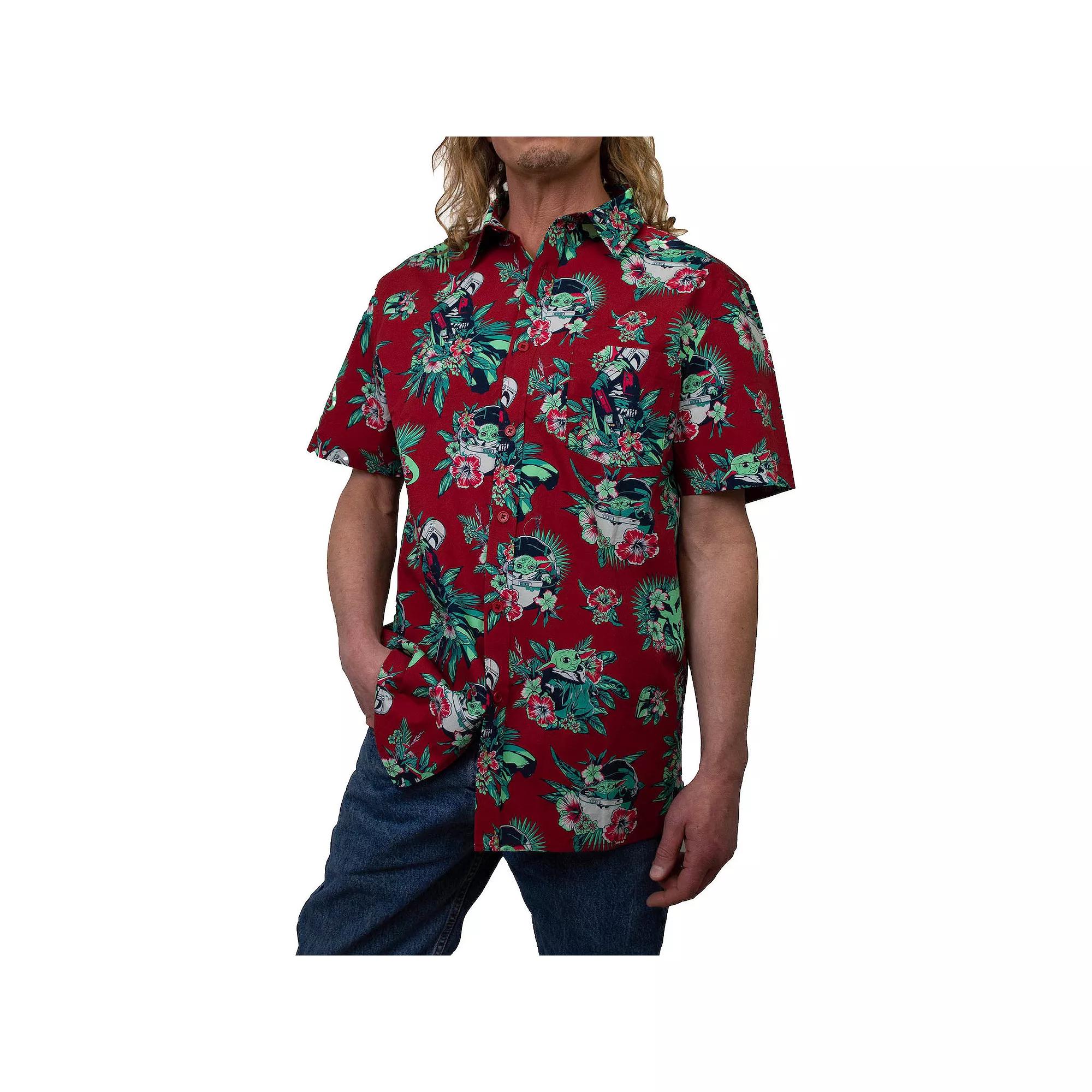 Men's Baby Yoda Hawaiian Bouquet Button Up, Size: Large, Red Product Image