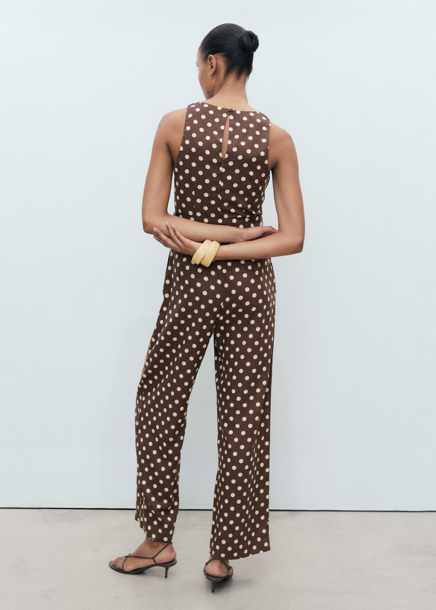 Linen jumpsuit with polka-dots and belt - Women | MANGO USA Product Image
