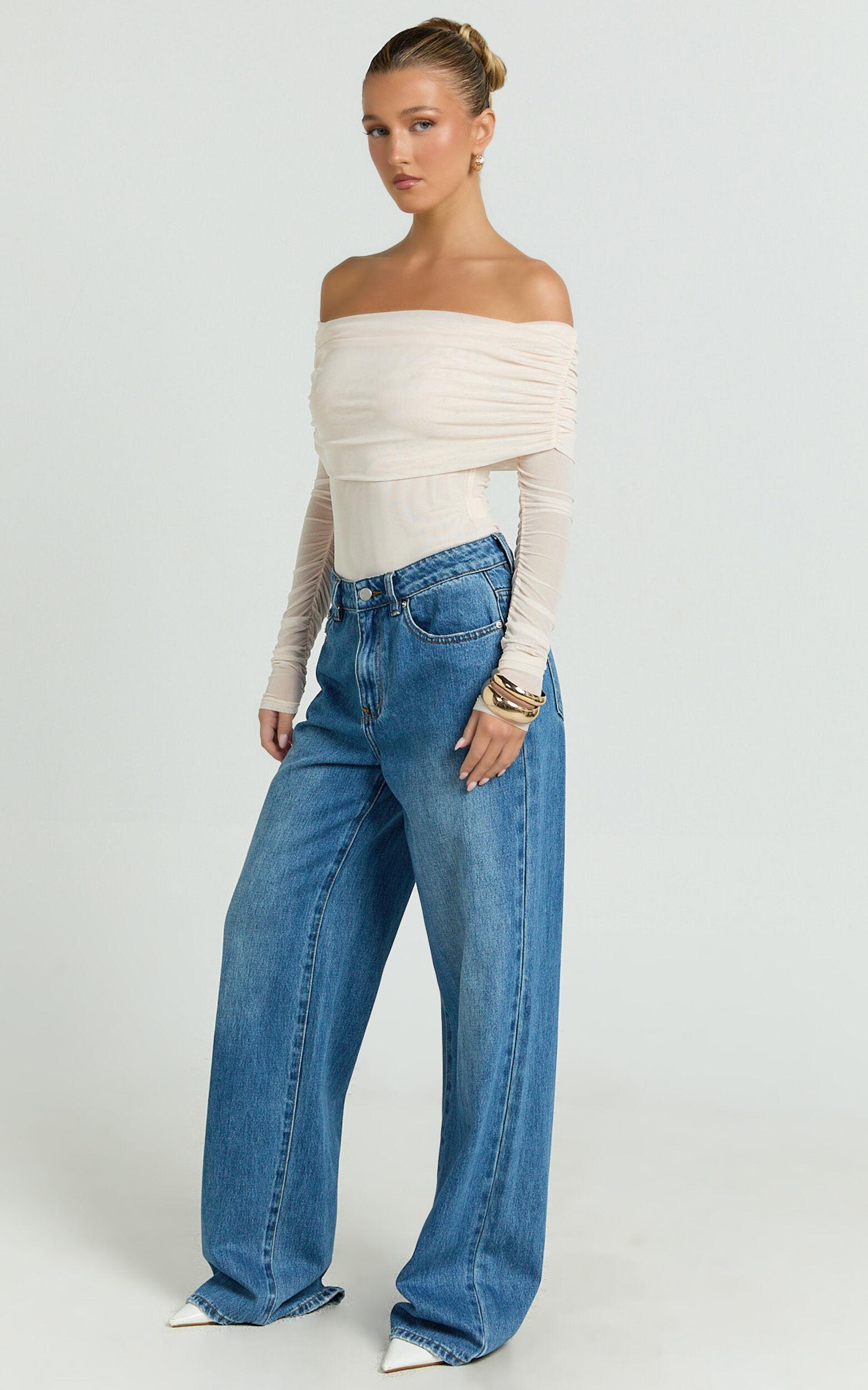 Jaythen Bodysuit - Long Sleeve Off Shoulder Ruched Mesh Bodysuit in Cream Product Image