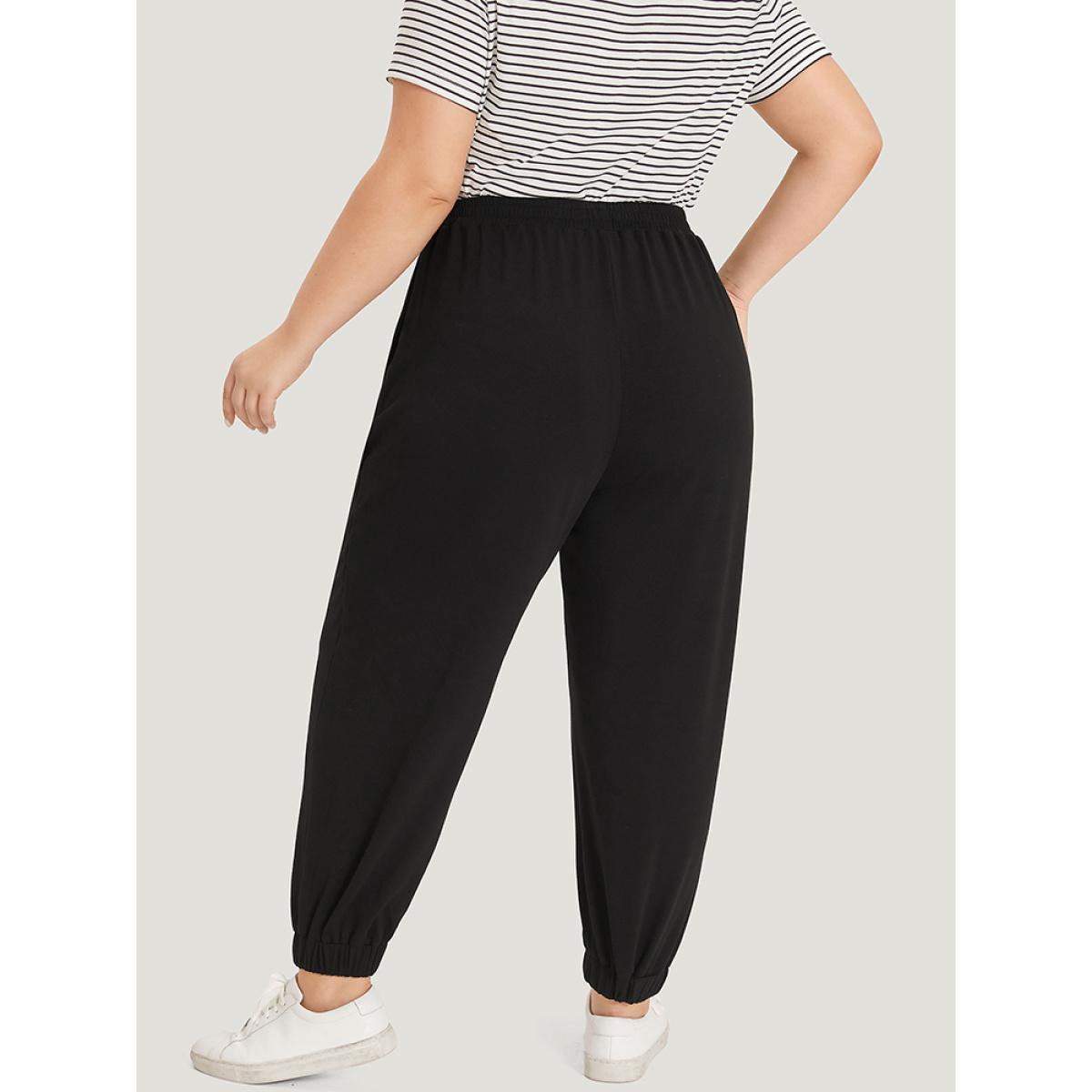 Supersoft Essentials Letter Print Elastic Waist Pocket Sweatpants Black Plus Size Women Casual Dailywear Printed 26/4X Bloomchic Product Image