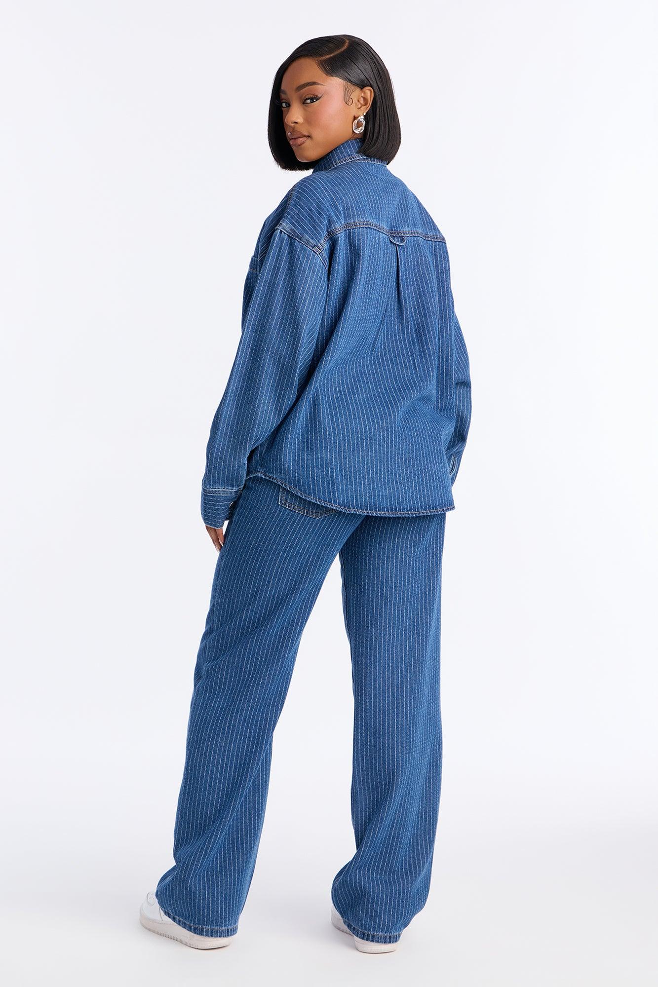 Makayla Pinstripe Denim Straight Leg Pant Set - Denim Female Product Image