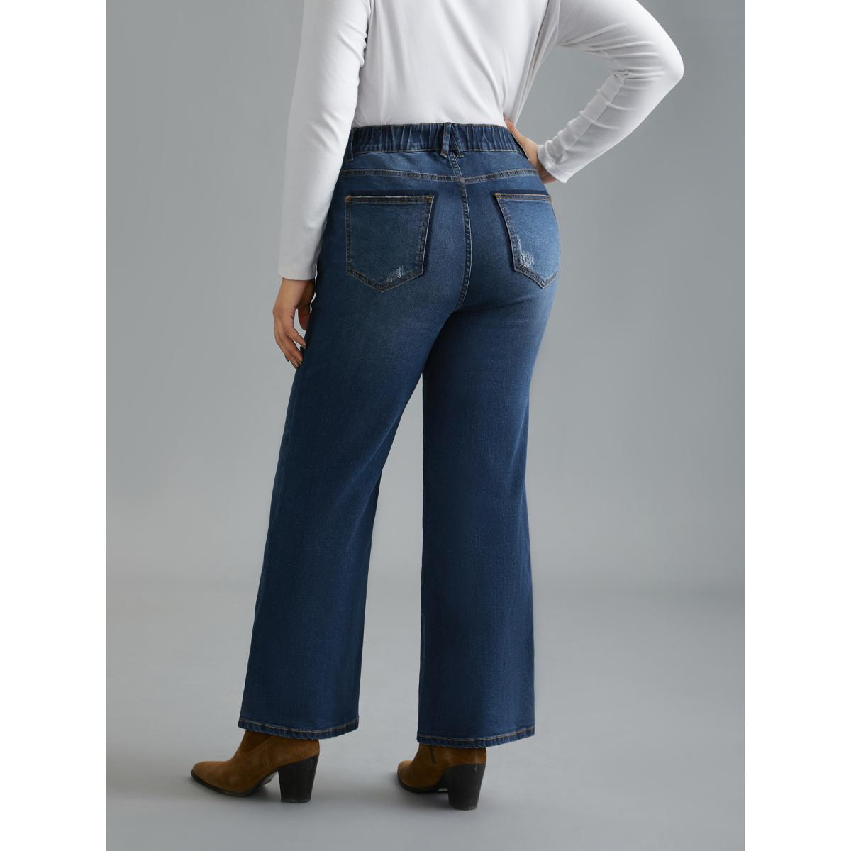 Plus Size Dark Wash Elastic Waist Flared Mid Rise Jeans Women Denimindigo Casual Button Medium stretch Slanted pocket Jeans BloomChic 20/2X Product Image