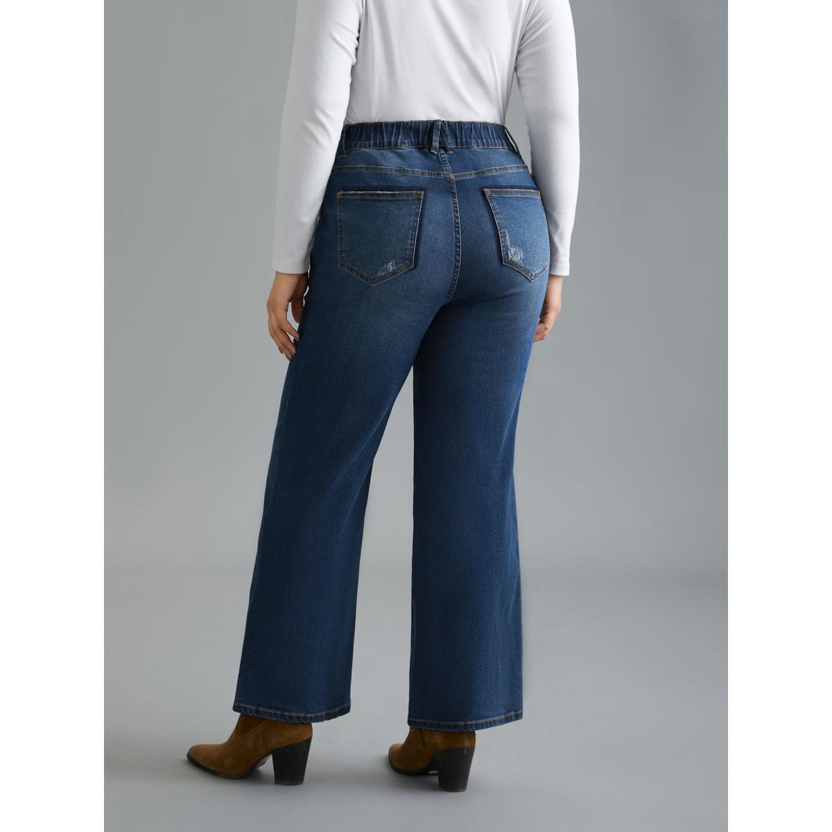 Plus Size Dark Wash Elastic Waist Flared Mid Rise Jeans Women Denimindigo Casual Button Medium stretch Slanted pocket Jeans BloomChic 20/2X Product Image