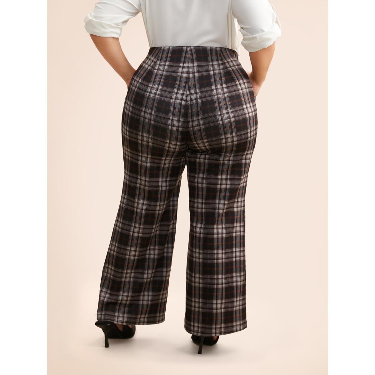 Plus Size Plaid Button Detail Mid Rise Pants Women Black At the Office Wide Leg Mid Rise Work Pants BloomChic 30/6X Product Image