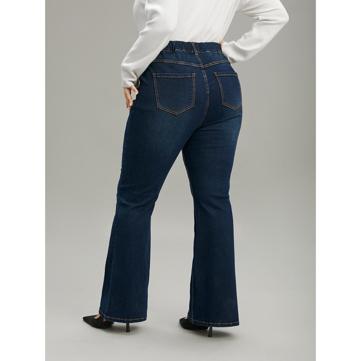 Plus Size Plain Flare Leg High Rise Full Length Jeans Women Indigo Casual Plain Non High stretch Slanted pocket Jeans BloomChic 16/1X Product Image