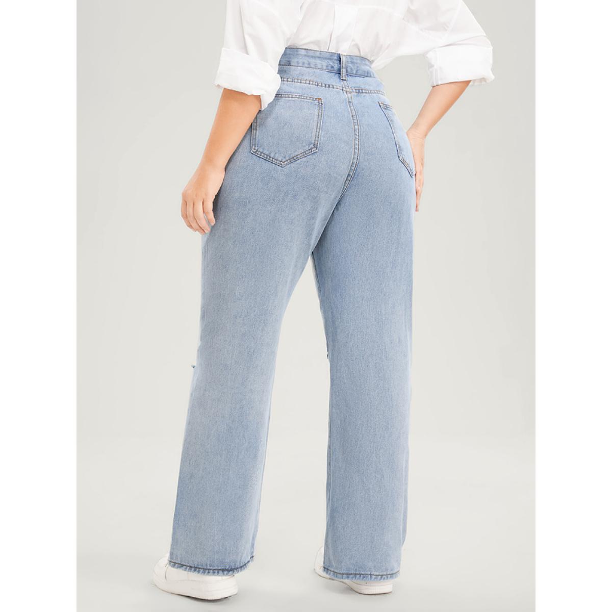 Plus Size Boyfriend Wide Leg Non Stretchy High Rise Light Wash Distressed Jeans Women LightBlue Casual Plain Distressed No stretch Pocket Jeans BloomChic 16/1X Product Image