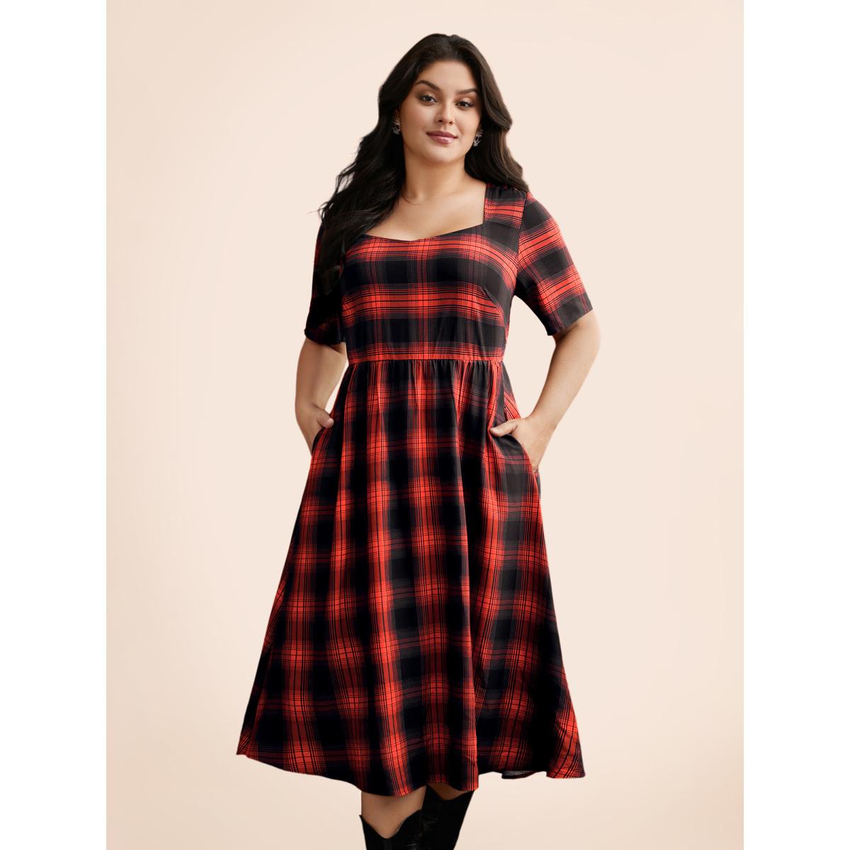 Plus Size Stretchy Plaid Contrast Splicing Midi Dress Black Women Cocktail Non Party Curvy Bloomchic 10/M Product Image