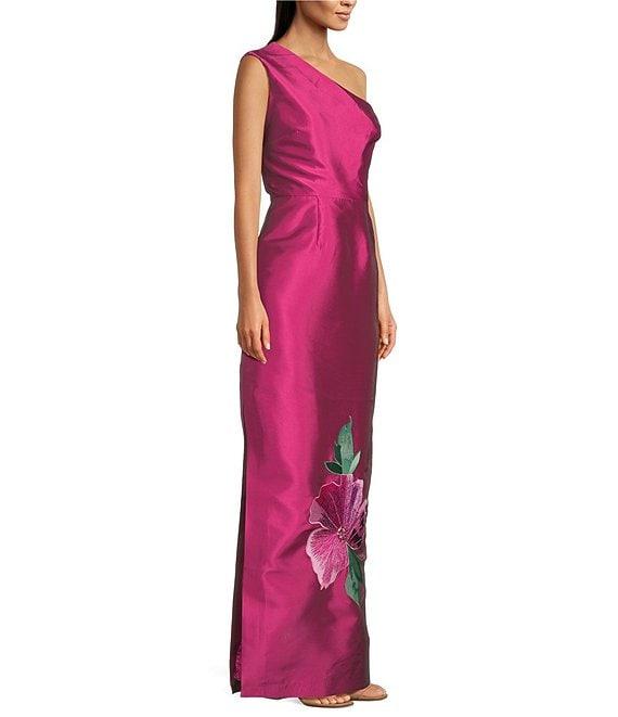 Kay Unger Taffeta Beaded Floral Placement Print One Shoulder Neck Sleeveless Column Gown Product Image
