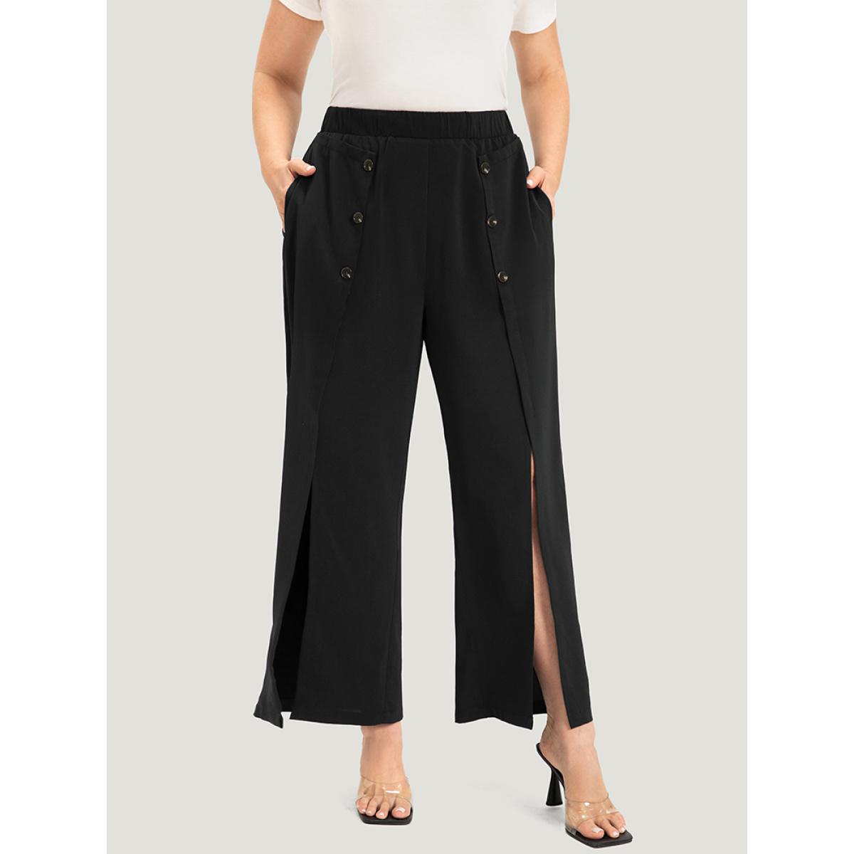 Plus Size Solid Button Detail Pocket Wrap Hem Pants Women Black Elegant Straight Leg High Rise Dailywear Pants BloomChic 26/4X Product Image