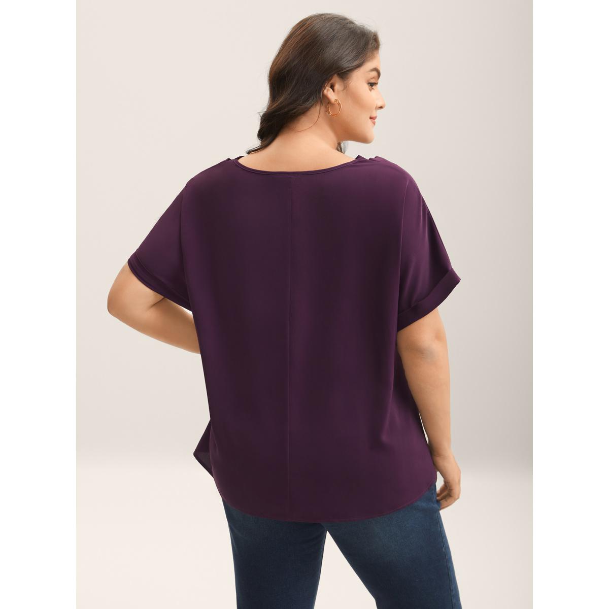 Plus Size Plum Cowl Neck Plain Dolman Sleeve Blouse Women Short sleeve Cowl Neck Work Blouses BloomChic 30/6X Product Image
