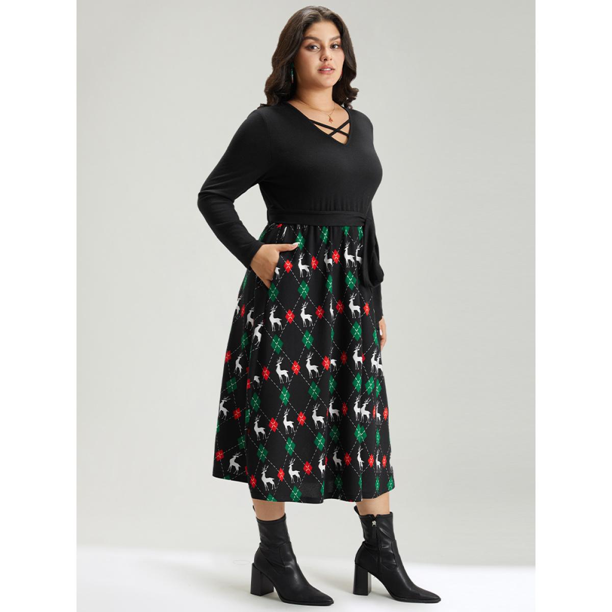 Plus Size Christmas Elk Crisscross Belted Pocket Dress Black Women Office Belted V-neck Long Sleeve Curvy Midi Dress BloomChic 12/L Product Image