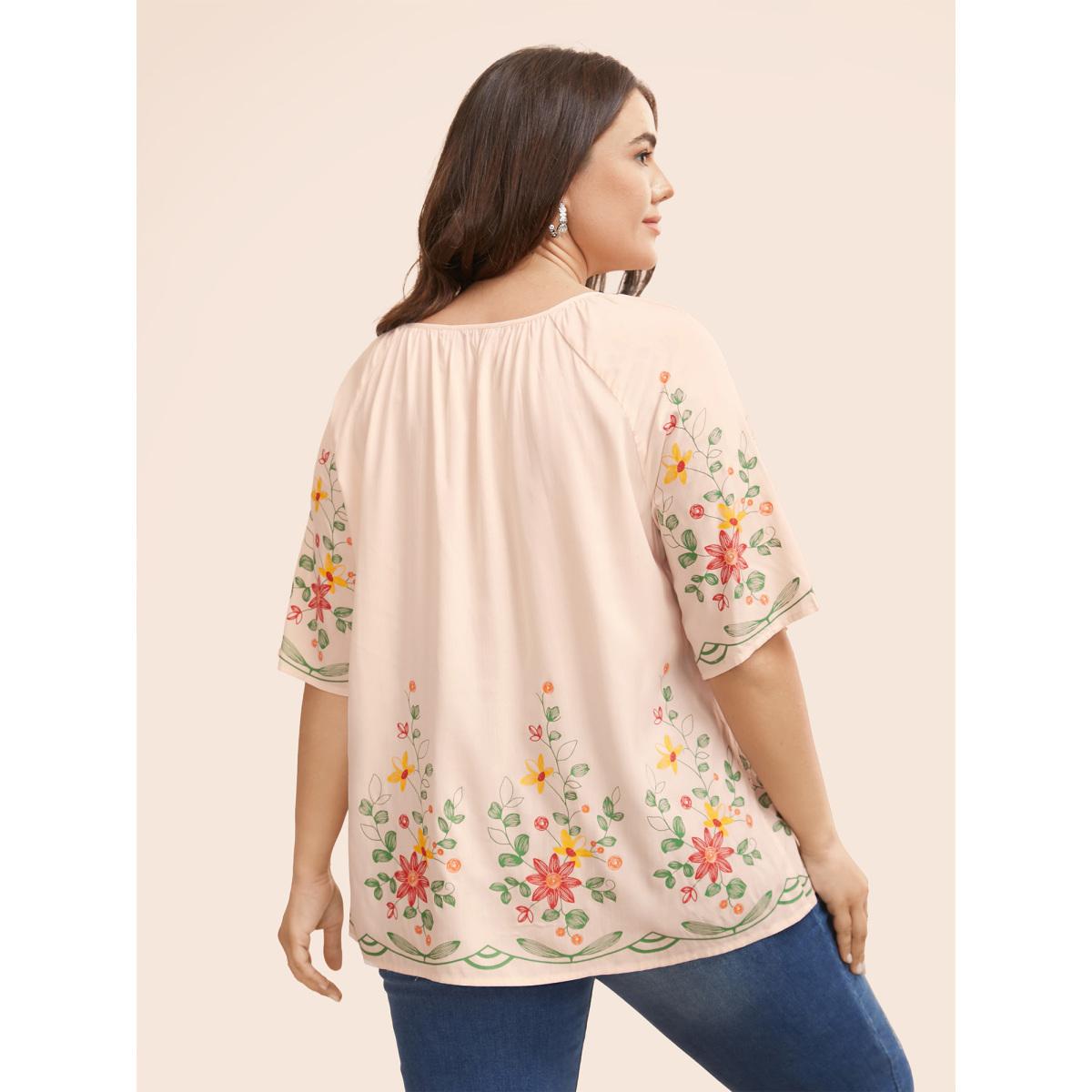 Plus Size Beige Boho Print Gathered Ruffle Sleeve Blouse Women Elegant Half Sleeve Round Neck Everyday Blouses BloomChic 10/M Product Image