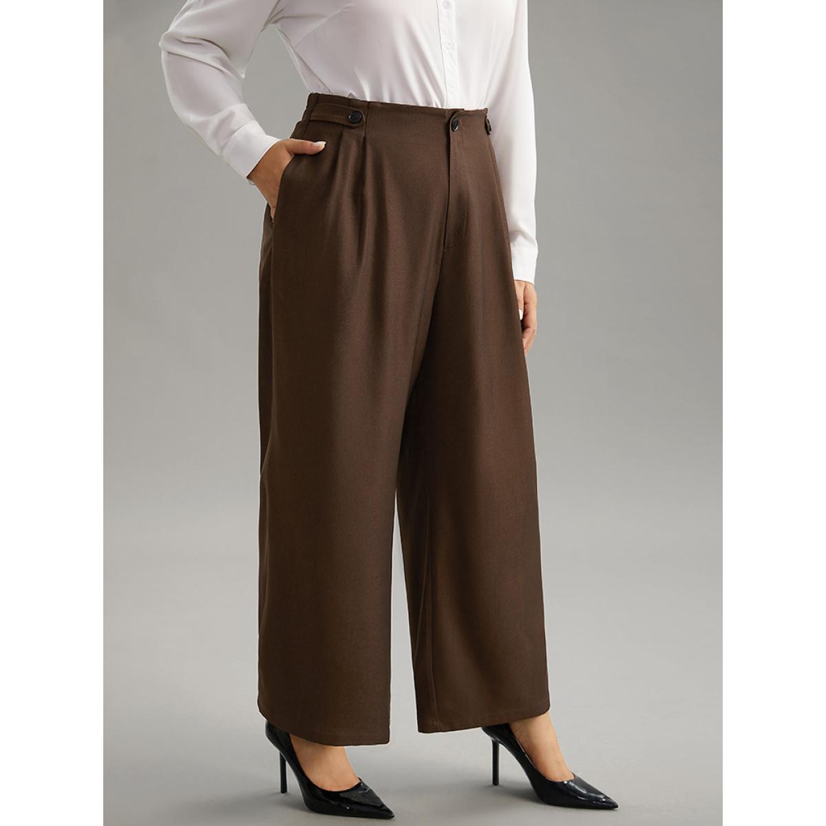 Plus Size Solid Elastic Waist Plicated Detail Straight Leg Pants Women DarkBrown Office Straight Leg High Rise Office Pants BloomChic 10/M Product Image