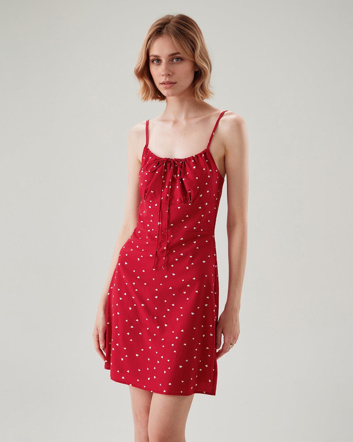 Red Heart Pattern Sweetheart Neck Slip Mini Dress Product Image