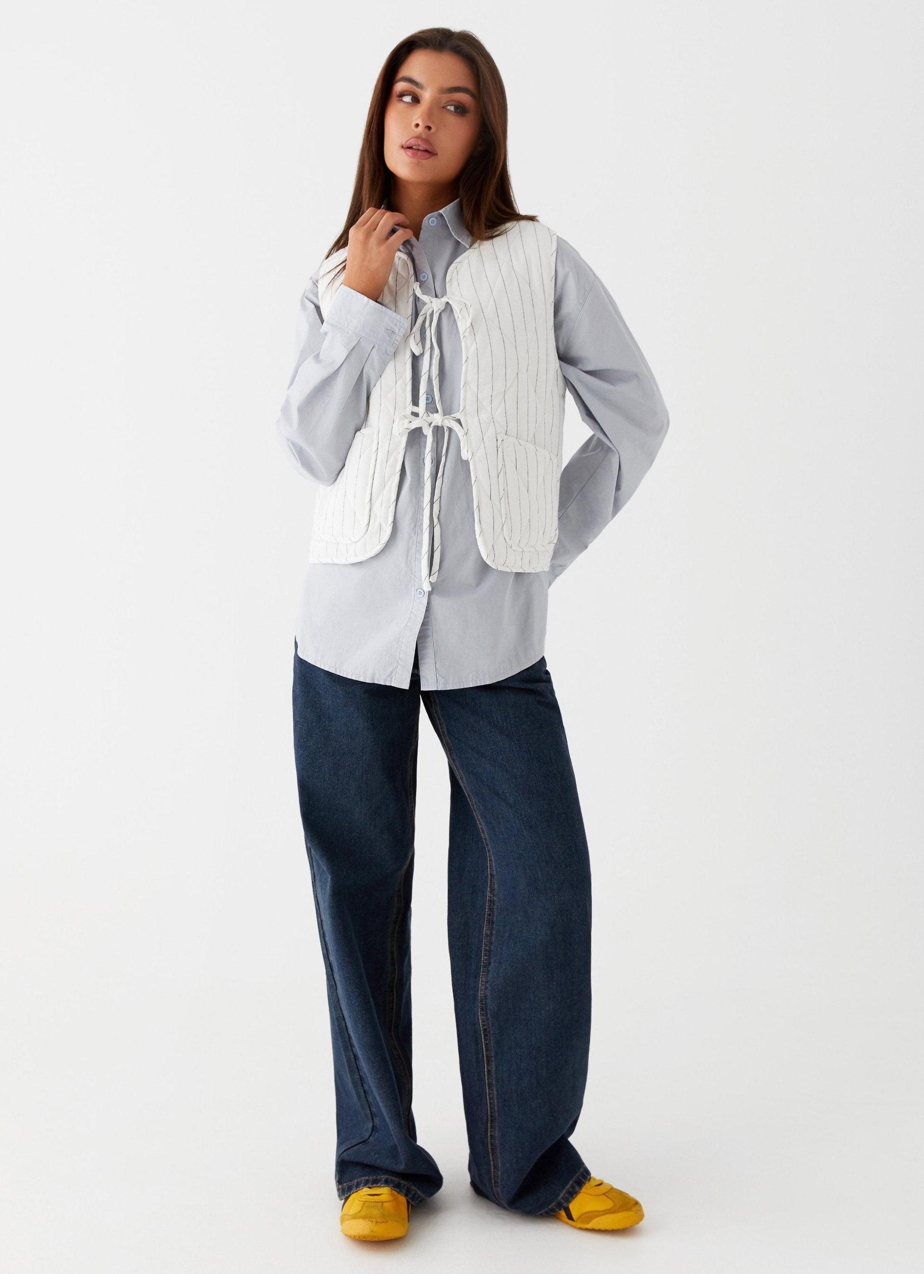 Celini Quilted Vest - White Pinstripe Product Image