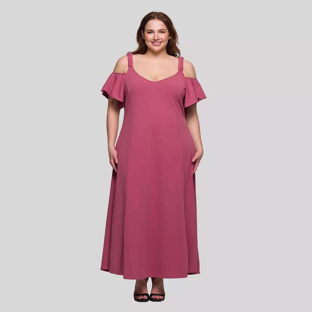 Plus Size 24Seven Comfort Apparel Cold Shoulder Ruffle Sleeve A-Line Maxi Dress, Women's, Size: 2XL, Pink Product Image