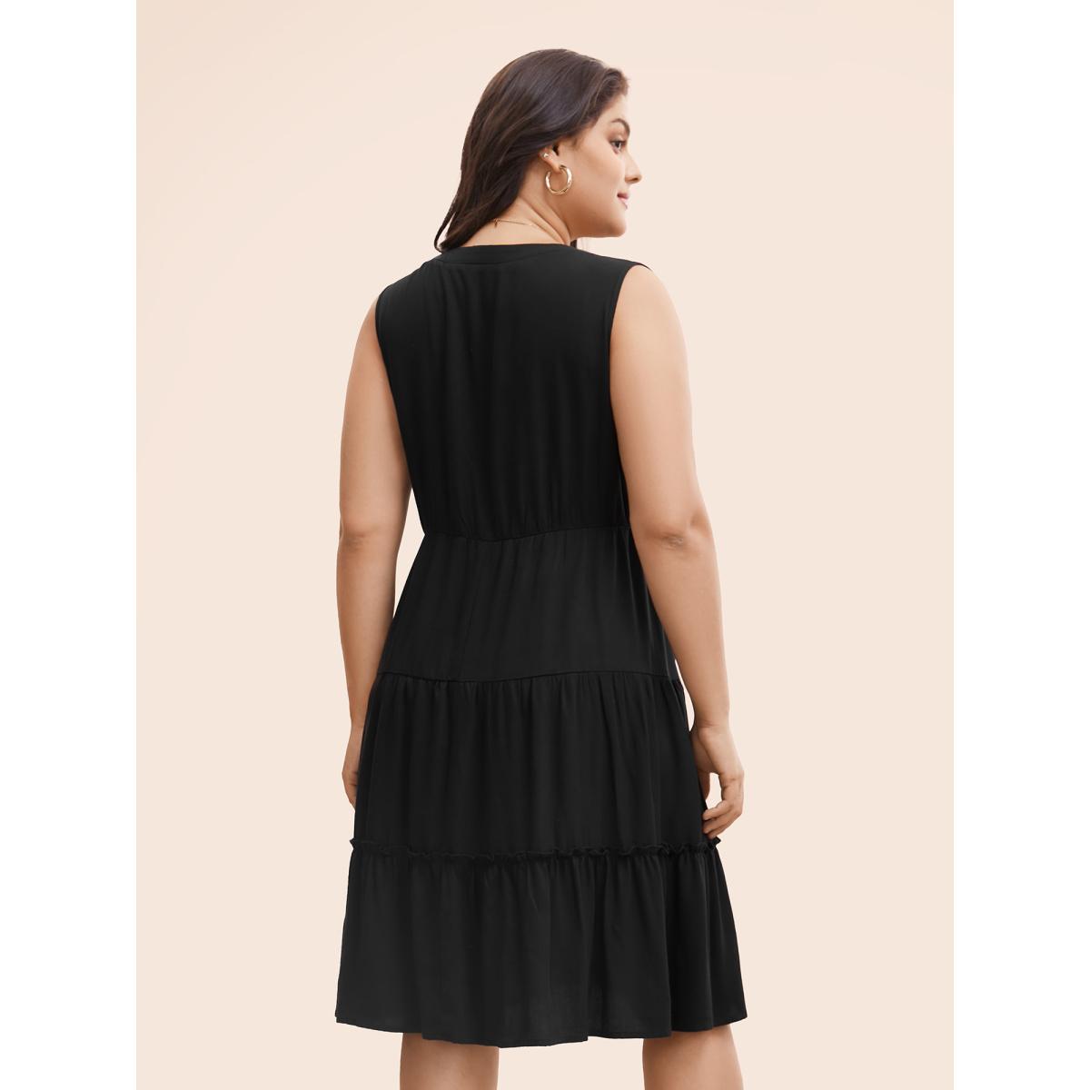 Plus Size Supersoft Essentials Notched Ruffle Layered Hem Sleeveless Dress Black Women Elegant Gathered V-neck Sleeveless Curvy Midi Dress BloomChic 22-24/3X Product Image