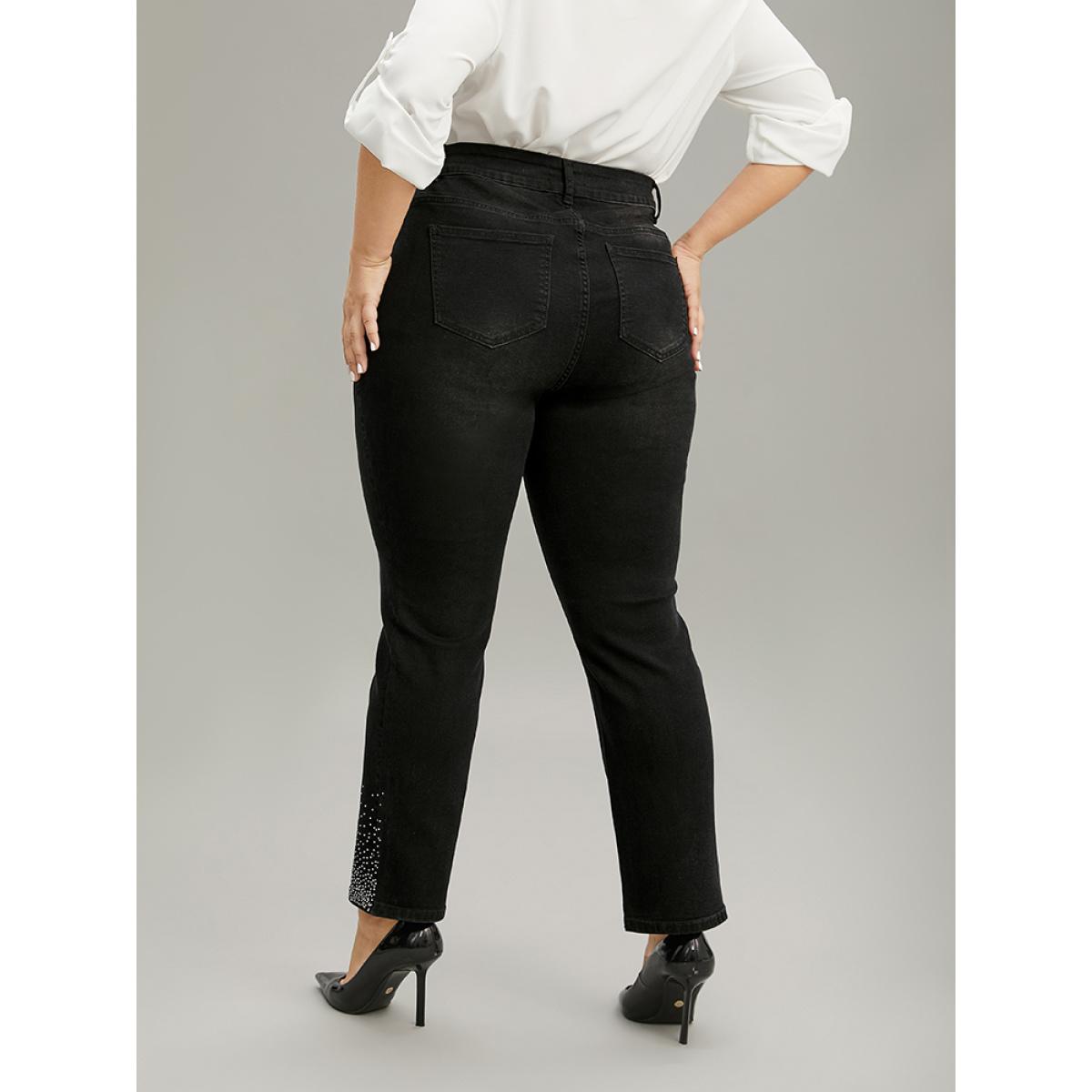 Plus Size Rhinestone Detail Black Wash Jeans Women DimGray Casual Plain Rhinestone detailing High stretch Pocket Jeans BloomChic 12/L Product Image