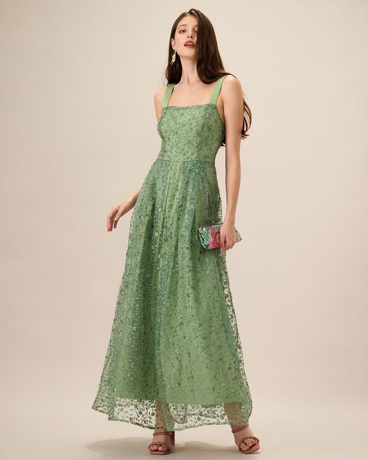 Women's Green Embroidery Mesh Slip Maxi Dress Female Product Image