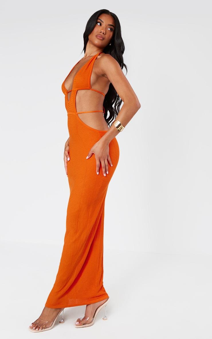 Orange Textured Sheer Knit Ruched Cut Out Halterneck Dress Product Image