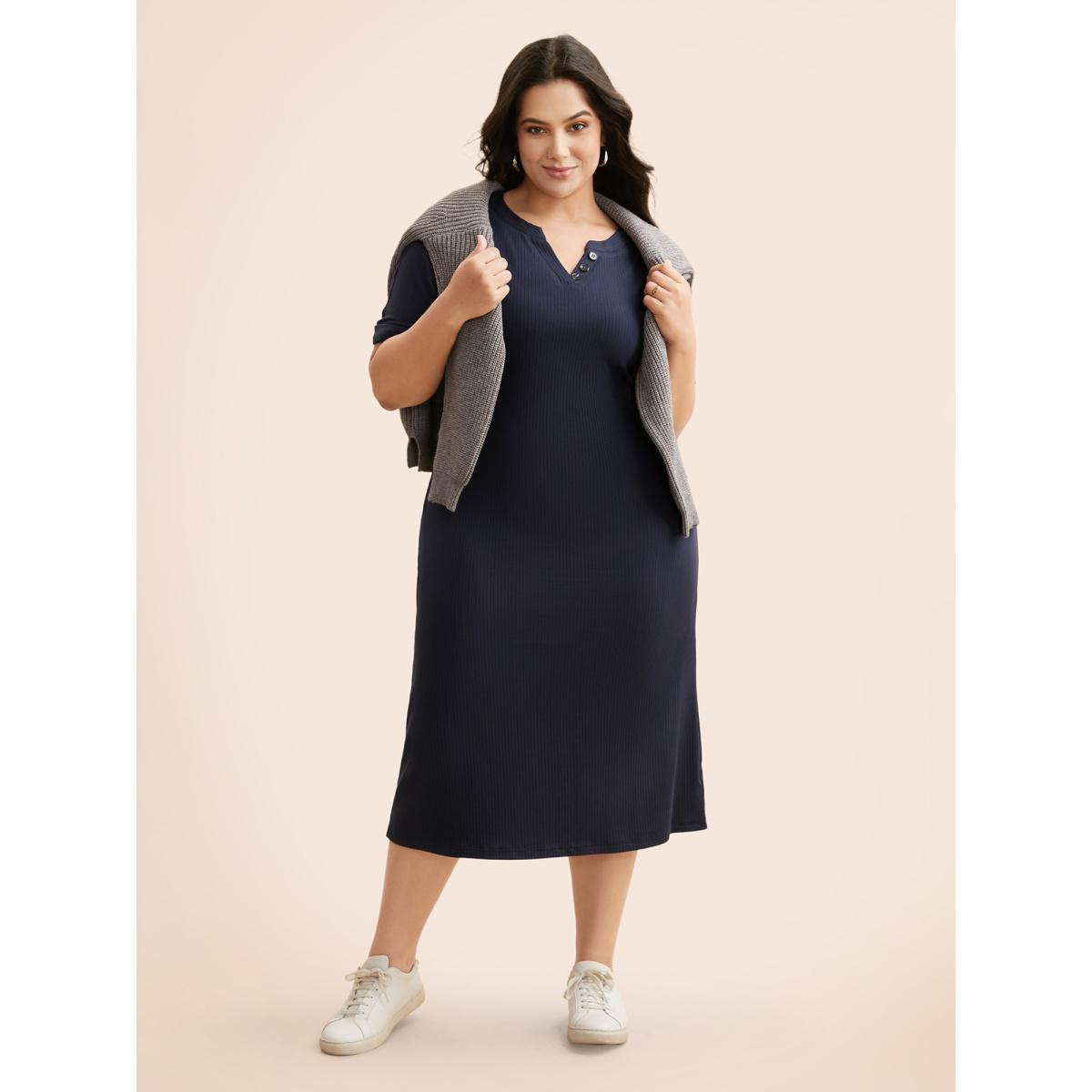 Plus Size Supersoft Essentials Notched Neck Midi Dress Midnight Women Basics Texture Flat collar with V-notch Short sleeve Curvy BloomChic 12/L Product Image