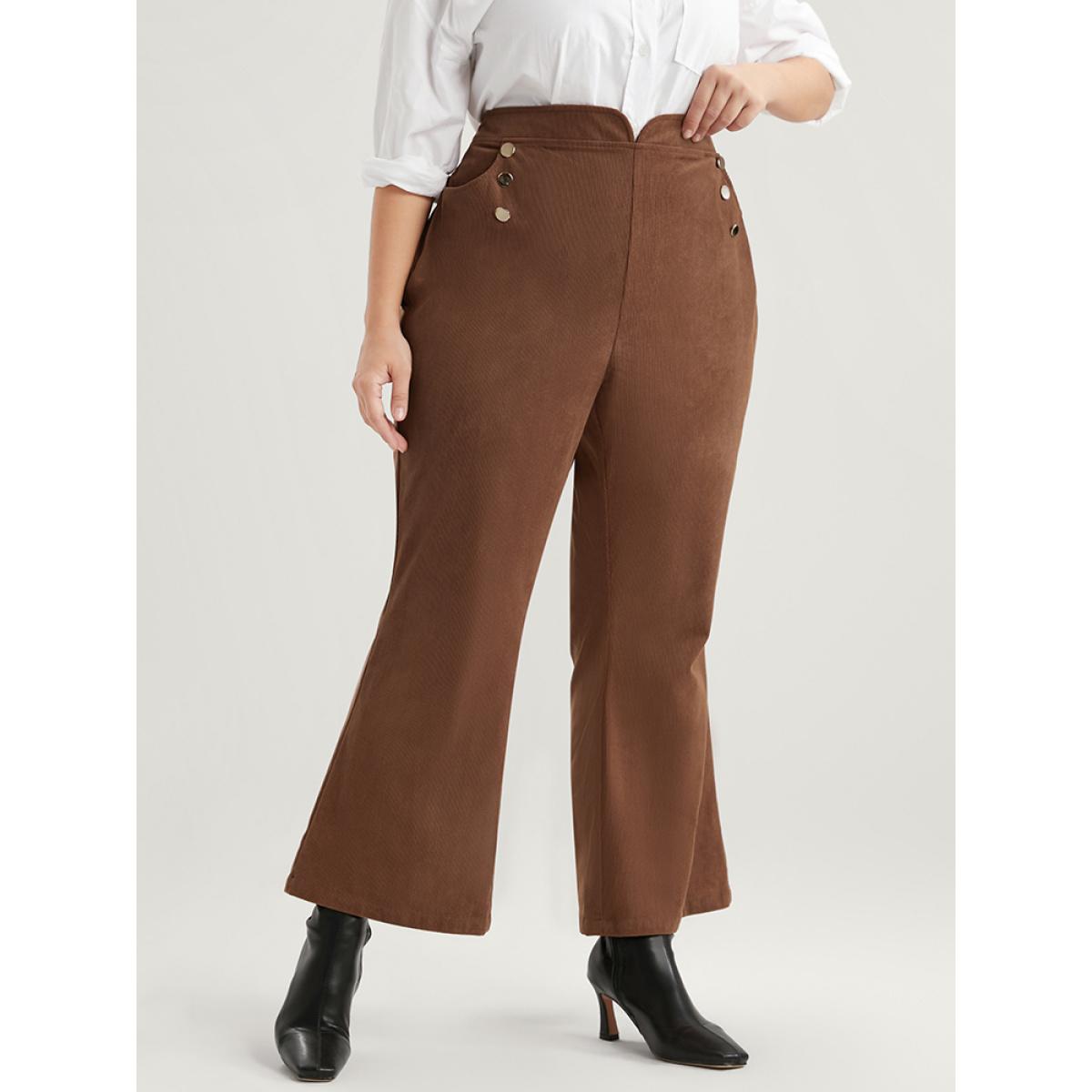 Plus Size Solid Pocket Button Detail Corduroy Flare Leg Pants Women DarkBrown Office Flare Leg High Rise Work Pants BloomChic 26/4X Product Image