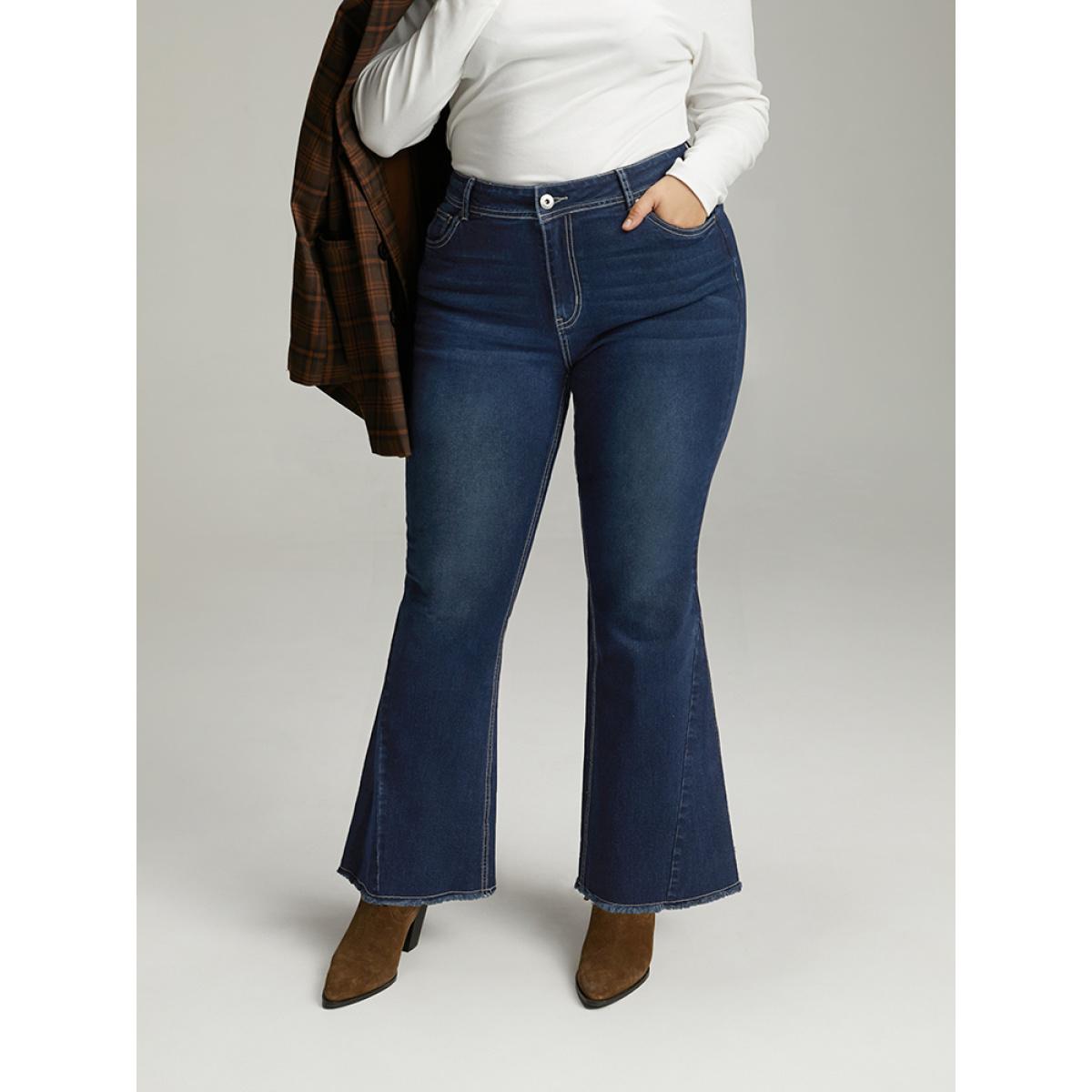 Plus Size High Rise Flare Jeans With Frayed Hem Women DarkBlue Casual Plain Plain High stretch Pocket Jeans BloomChic 30/6X Product Image