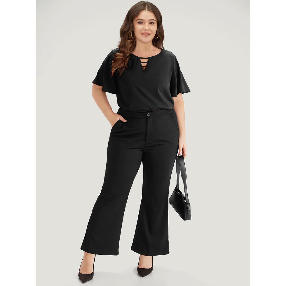 Plus Size Black Plain Ruffle Sleeve Cut Out Blouse Women Office Short sleeve Keyhole Cut-Out Work Blouses BloomChic 12/L Product Image