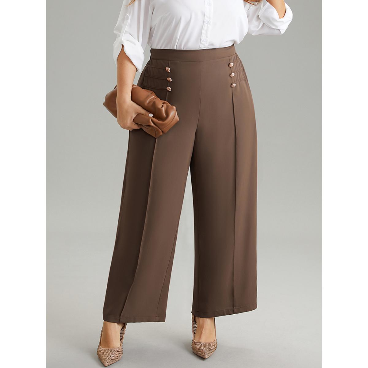 Plus Size Static-Free Button Detail Seam Detail Elastic Waist Pants Women Tan At the Office Wide Leg High Rise Office Pants BloomChic 30/6X Product Image