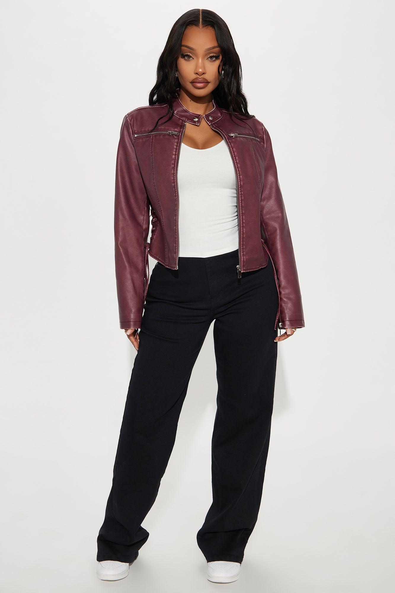 Leona Faux Leather Lace Up Jacket - Burgundy Product Image