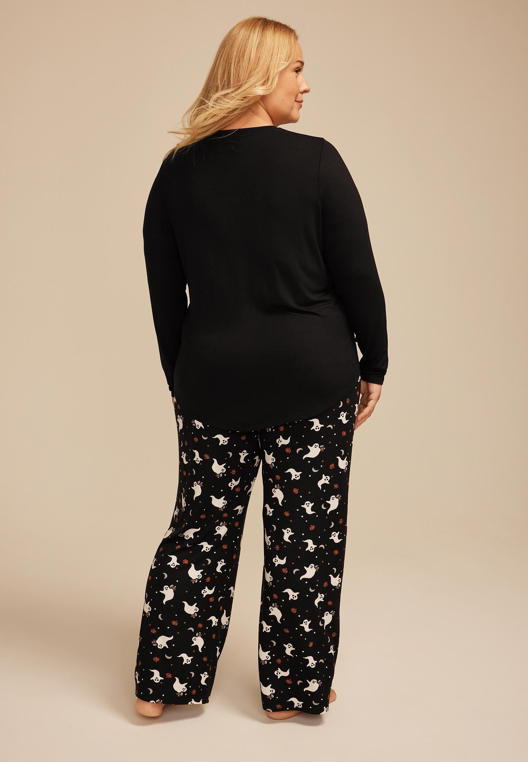 Plus Size Nightmare Before Coffee Ghost Graphic Tee And Wide Leg Pajama Set Product Image